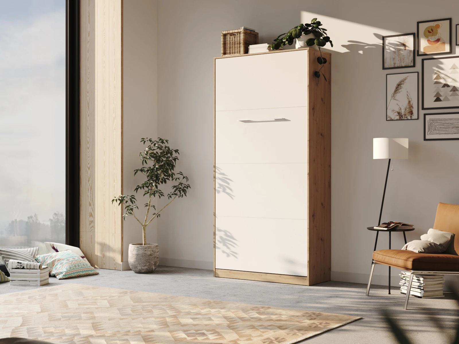 1 Letto a scomparsa 90x200 Verticale (Profondità standard 45 cm) Rovere Selvatico / Bianco